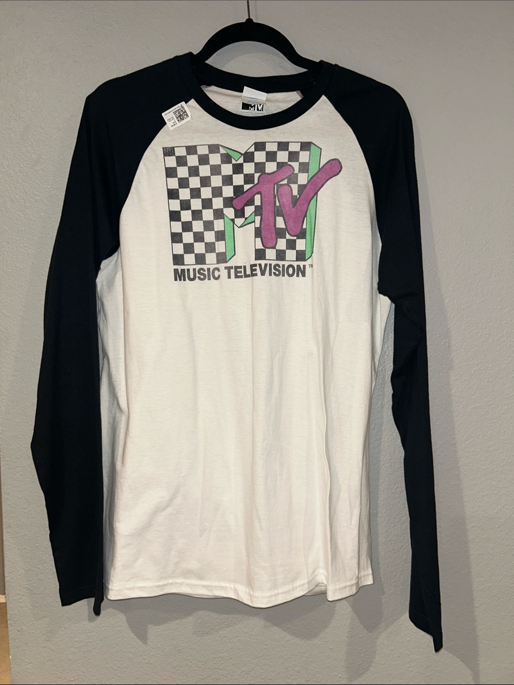 MTV Raglan Long Sleeve Tee in White, Black with Pink & Green Logo